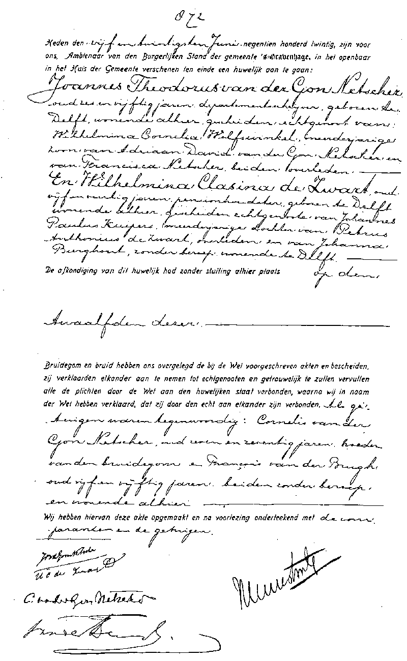 19200625 huw akte 872 Joannes Th vd Gon Netscher - Wilhelmina C d Zwart